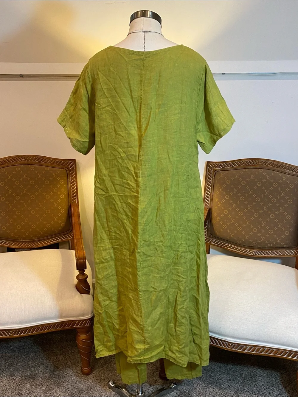 Lime Green 100% Linen Tunic & Pants Set Made in Italy Asymmetric Wide-Leg Boho